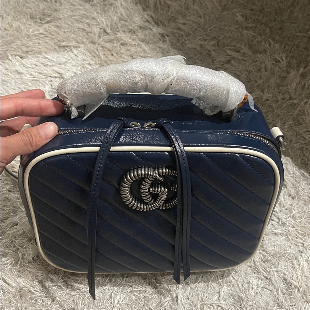 Navy Blue Structured Crossbody Bag with Silver Hardware - Picture 7 of 11